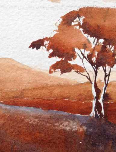 Burnt Sienna PBr7, monochrome watercolor landscape mountains, trees, debiriley.com