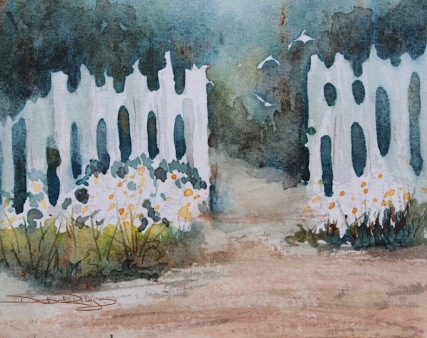 debi riley art, daisies by white cottage fence, watercolor painting, debiriley.com