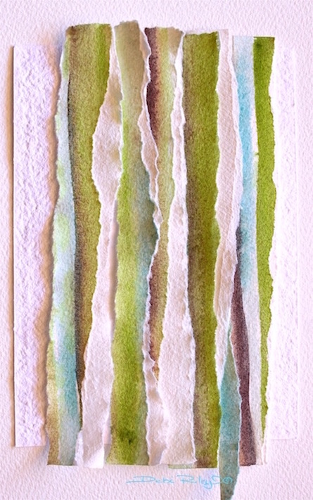 watercolor collage abstract in green, Bamboo Zen, wabi sabi, debiriley.com