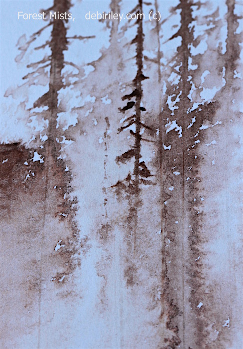 ink drawing in brown, forest and cliff in mist, debiriley.com 