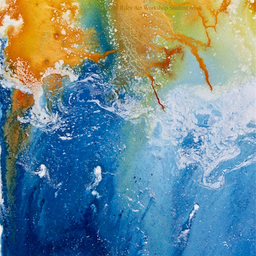 watercolor abstract, blue and orange,  earth from above, debi riley art  