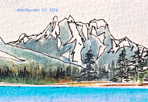 watercolors with ink, mountain landscape, doodlewash.com, #worldwatercolormonth, debiriley.com