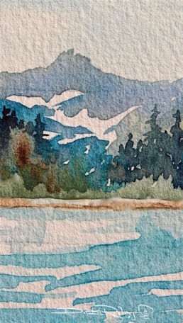 mountain landscape watercolor, blue teal and greens, debiriley.com