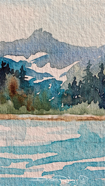 Impressionist watercolor landscape, mountain landscape watercolor, cobalt teal blue water, prussian blue foliage greens, debiriley.com
