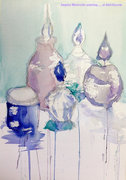 how to paint glass in watercolors, creative, loose and fresh painting watercolor of glass bottles, students work, debiriley.com