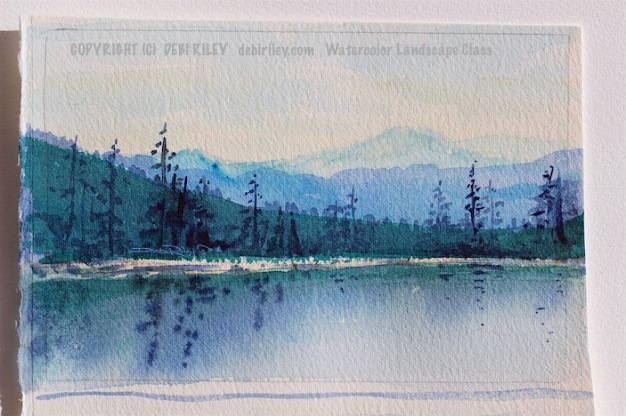 impressionist watercolor landscape, tree reflections and mountains, debiriley.com 