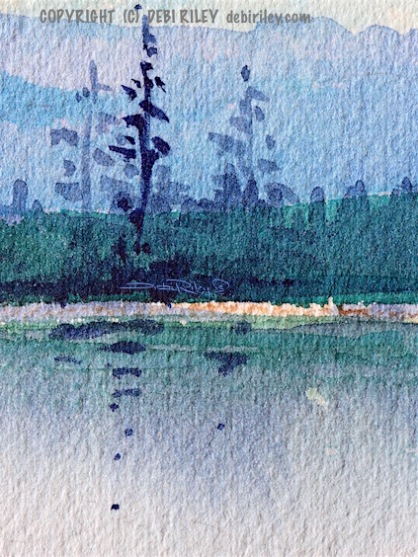watercolor landscape, fir trees reflections, blue green water, debiriley.com 