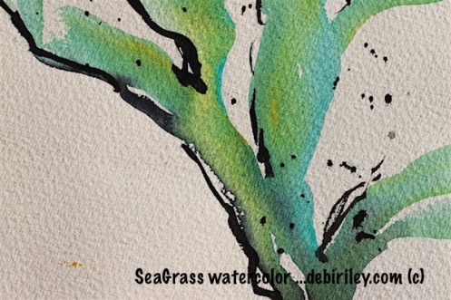 watercolor greens, sea grass impressionist painting with inks, debiriley.com 