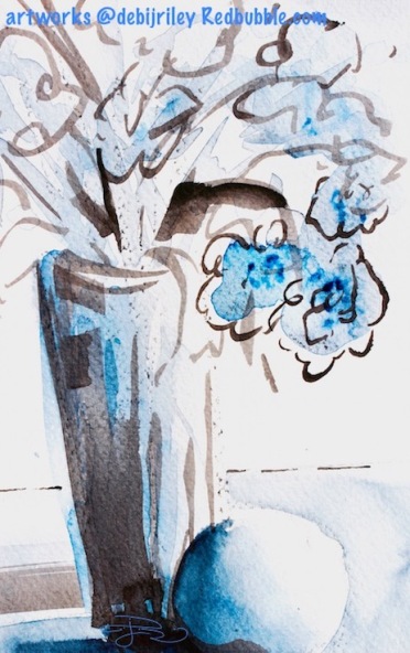 inktober, blue watercolor still life, ink and watercolor, debiriley.com 