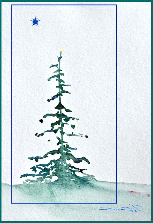 watercolor holiday art, Christmas tree card, joy peace love, seasons greetings, debiriley.com