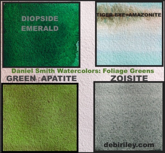 zoisite, emerald, green apatite, serpentine, sleeping beauty turqoise Daniel Smith watercolors, painting landscapes, debiriley.com 