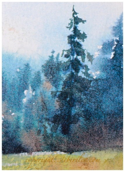 impressionist watercolor landscape, morning haze in the forest, debiriley.com 