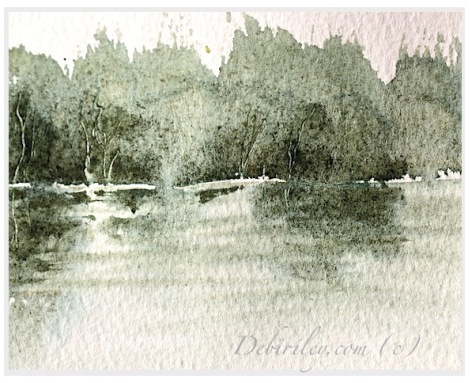 Daniel Smith watercolors, zoisite watercolor green grey, Impressionist landscape trees, water and tree reflection painting, simple easy beginner watercolor landscape, art basics debi riley