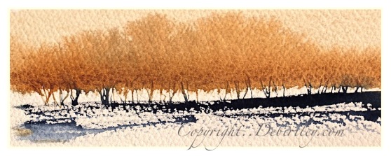 impressionist landscape trees, golden trees in watercolors, indigo daniel smith watercolors, watercolor beginner tree techniques, debiriley.com 