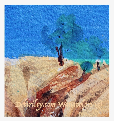 impressionist watercolor landscapes, painting simple trees watercolours, cobalt blue pb28, burnt sienna pbr7, debi riley watercolors, debiriley.com