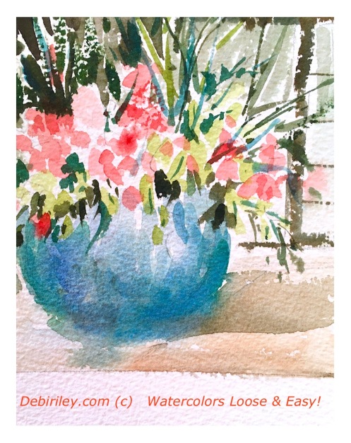 watercolor pink patio flowers, painting loose its easy, debiriley.com 