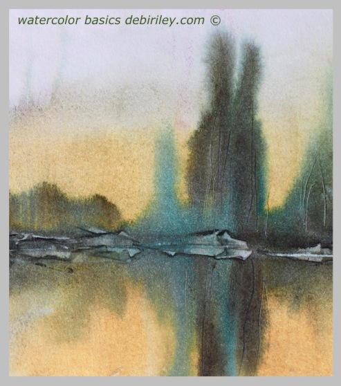 watercolor techniques for beginners, soften edges watercolour, impressionist landscapes trees, prussian blue mixes watercolour foliage, debiriley.com 