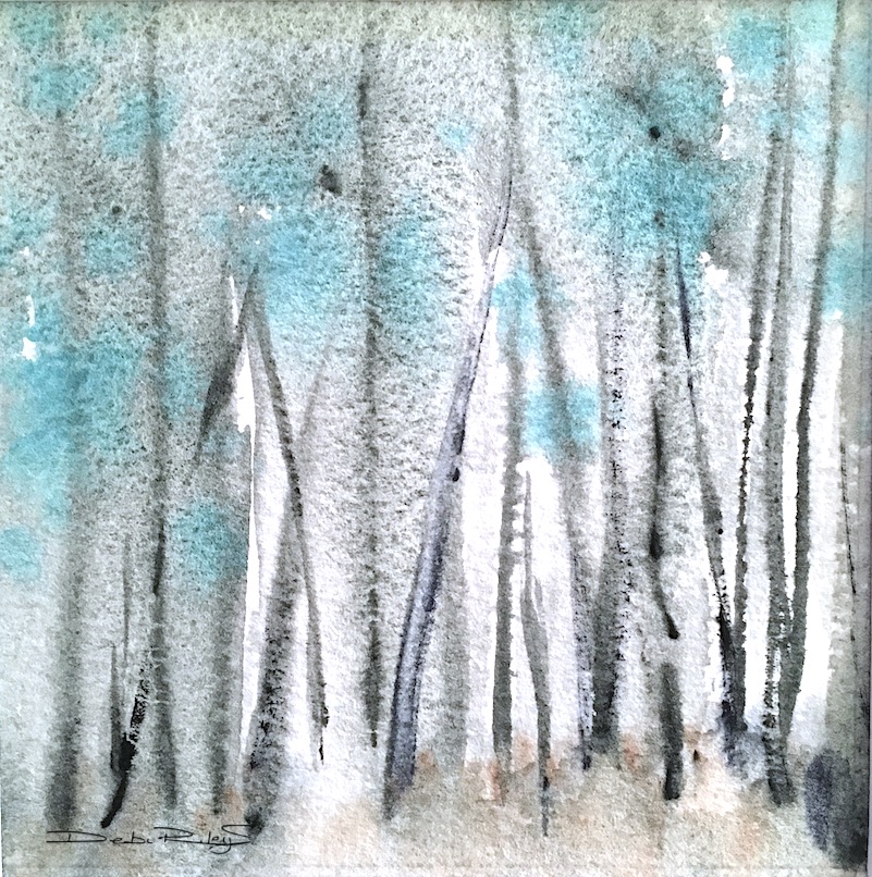 forest grove in watercolor, using Daniel Smith zoisite and cobalt teal blue. Zen like, calm and peace filled.  debiriley.com 